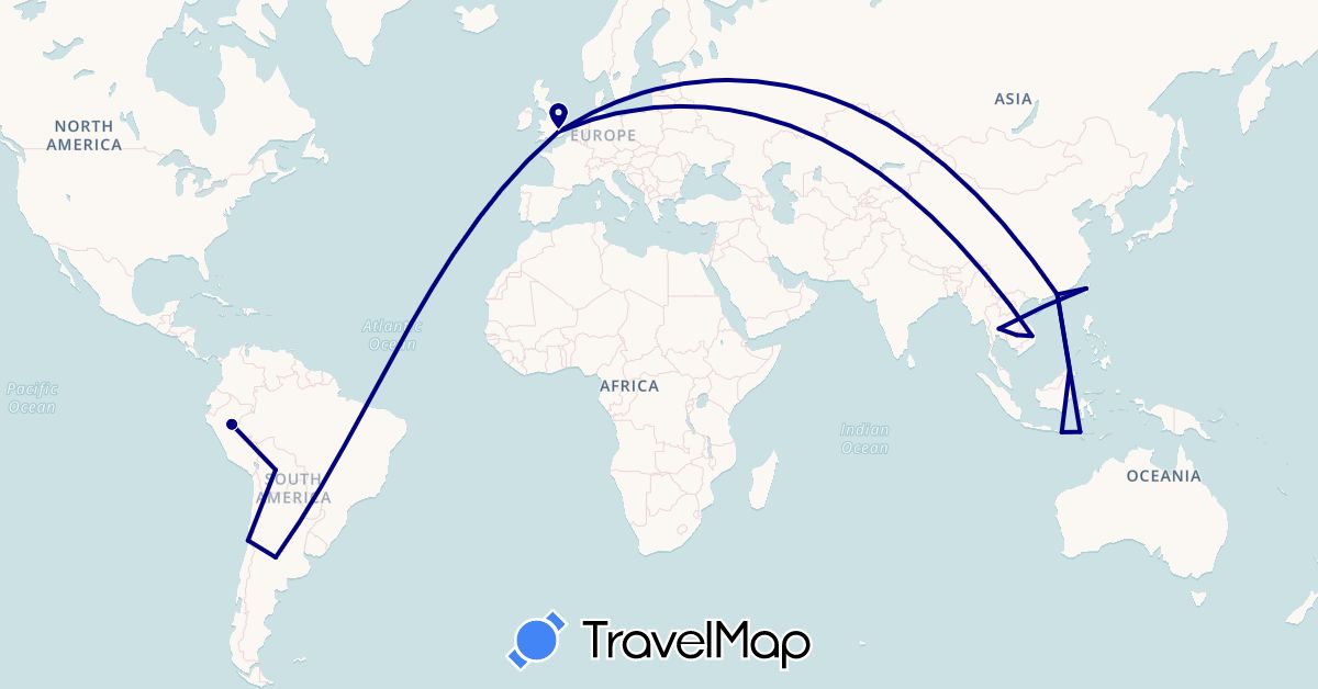TravelMap itinerary: driving in Argentina, Bolivia, Chile, China, United Kingdom, Indonesia, Cambodia, Laos, Malaysia, Peru, Thailand, Taiwan, Vietnam (Asia, Europe, South America)